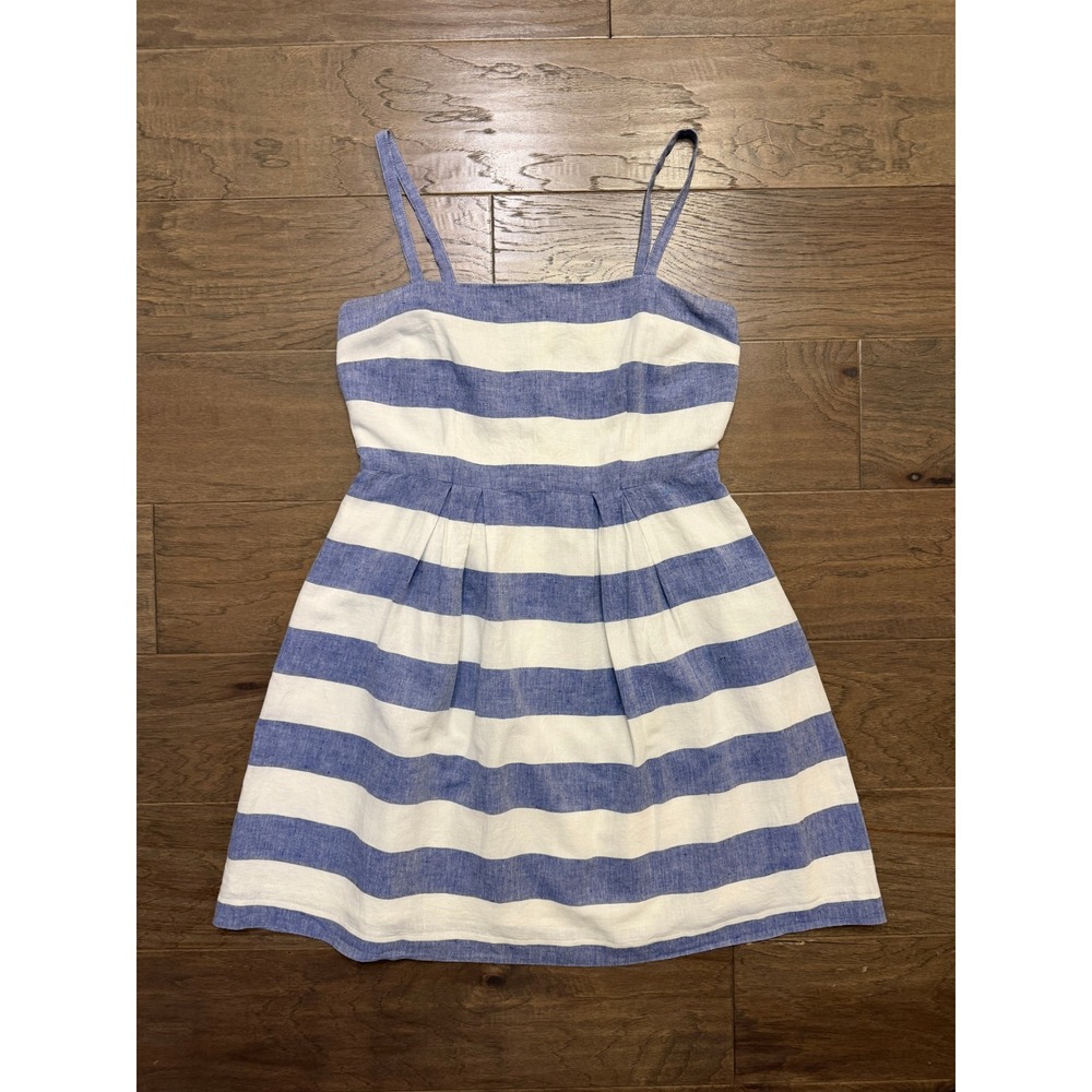 LOFT Blue White Striped Linen Blend Fit Flare Mini Dress Size 4 Spaghetti Strap